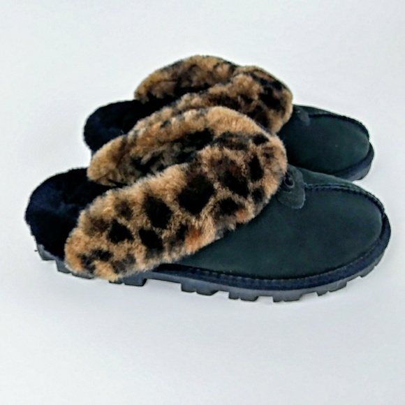 Black ugg slippers with leopard fur Clearance